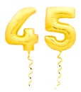 Golden number forty five 45 made of inflatable balloon with ribbon on white Royalty Free Stock Photo