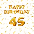 Golden number forty five metallic balloon. Happy Birthday message made of golden inflatable balloon. 45 number etters on white Royalty Free Stock Photo