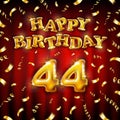 Golden number forty four metallic balloon. Happy Birthday message made of golden inflatable balloon. 44 number etters on red Royalty Free Stock Photo