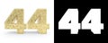 Golden number forty four number 44 on white background with drop shadow and alpha channel. 3D illustration