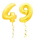 Golden number forty nine 49 made of inflatable balloon with ribbon on white Royalty Free Stock Photo