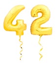 Golden number forty two 42 made of inflatable balloon with ribbon on white Royalty Free Stock Photo