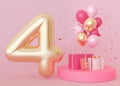 Golden number four on pink background. 4 Years Old. Fourth Birthday Celebration. Girls party. Baby girl celebrates