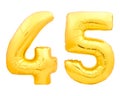 Golden number 45 fourty five made of inflatable balloon on white