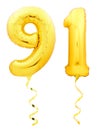 Golden number ninety one 91 made of inflatable balloon with ribbon on white Royalty Free Stock Photo