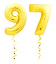 Golden number ninety seven 97 made of inflatable balloon with ribbon on white Royalty Free Stock Photo