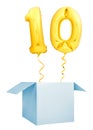 Golden number one inflatable balloon with golden ribbon flying out of light blue box Royalty Free Stock Photo