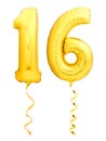 Golden number 16 sixteen made of inflatable balloon with ribbon isolated on white Royalty Free Stock Photo