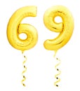 Golden number sixty nine 69 made of inflatable balloon with ribbon on white