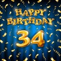 Golden number thirty four metallic balloon. Happy Birthday message made of golden inflatable balloon. 34 letters on blue Royalty Free Stock Photo