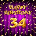 Golden number thirty four metallic balloon. Happy Birthday message made of golden inflatable balloon. 34 letters on pink Royalty Free Stock Photo