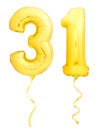 Golden number 31 thirty one made of inflatable balloon with ribbon on white Royalty Free Stock Photo