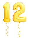 Golden number 12 twelve made of inflatable balloon with golden ribbon on white Royalty Free Stock Photo