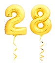 Golden number 28 twenty eight made of inflatable balloon with ribbon isolated on white