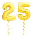 Golden number 25 twenty five made of inflatable balloon with ribbon isolated on white Royalty Free Stock Photo