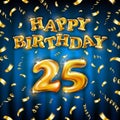Golden number 25 twenty five metallic balloon. Happy Birthday message made of golden inflatable balloon. letters on blue Royalty Free Stock Photo