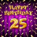 Golden number 25 twenty five metallic balloon. Happy Birthday message made of golden inflatable balloon. letters on pink Royalty Free Stock Photo