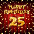 Golden number 25 twenty five metallic balloon. Happy Birthday message made of golden inflatable balloon. letters on red background Royalty Free Stock Photo