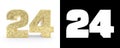Golden number twenty four number 24 on white background with drop shadow and alpha channel. 3D illustration