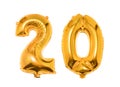 Golden number 20 twenty made of inflatable balloon isolated on white background Royalty Free Stock Photo