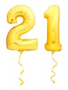 Golden number 21 twenty one made of inflatable balloon with ribbon isolated on white Royalty Free Stock Photo