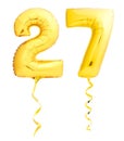 Golden number 27 twenty seven made of inflatable balloon with ribbon isolated on white Royalty Free Stock Photo