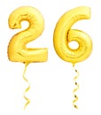 Golden number 26 twenty six made of inflatable balloon with ribbon isolated on white Royalty Free Stock Photo