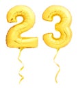 Golden number 23 twenty three made of inflatable balloon with ribbon isolated on white Royalty Free Stock Photo