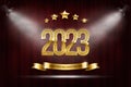 Golden 2023 number under spotlight vector illustration. Merry Christmas and Happy new year banner template. Festive Royalty Free Stock Photo