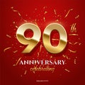 90 golden numbers and Anniversary Celebrating text with golden serpentine and confetti on red background. Vector