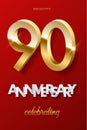 90 golden numbers and Anniversary Celebrating text on red background. Vector vertical ninetieth anniversary celebration