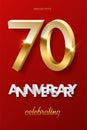 70 golden numbers and Anniversary Celebrating text on red background. Vector vertical seventieth anniversary celebration