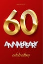 60 golden numbers and Anniversary Celebrating text on red background. Vector vertical sixtieth anniversary celebration