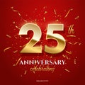 25 golden numbers and Anniversary Celebrating text with golden serpentine and confetti on red background. Vector twenty