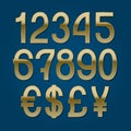 Golden numbers with currency signs of American dollar, euro, British pound, Japanese yen. Vector symbols Royalty Free Stock Photo