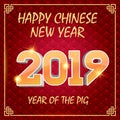 2019 Golden Numbers isolated on red background. 3D isometric new year sign for greeting card or poster. Happy New Year 2019.