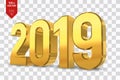 2019 Golden Numbers isolated on transparent background. 3D isometric new year sign for greeting card or poster. Happy New Year 201
