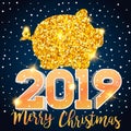 2019 Golden Numbers isolated on winter background. 3D isometric new year sign for greeting card or poster. Happy New Year 2019.