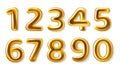 Golden numbers. Realistic metal plump numerals from zero to nine, glossy metallic luxury party decor, 3d roundish shapes