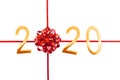 2020 golden numbers, red gift bow and ribbon isolated on white new year and christmas card