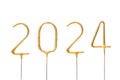 Golden numbers 2024 on stick on white isolated background. New Year and Christmas celebration concept, wishes and greetings, card Royalty Free Stock Photo