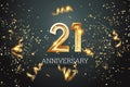 Golden numbers, 21 years anniversary, adulthood on a dark background and confetti. celebration template, flyer. 3D illustration,