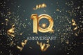 Golden numbers, 10 years anniversary celebration on dark background and confetti. celebration template, flyer. 3D illustration, 3D Royalty Free Stock Photo