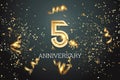 Golden numbers, 5 years anniversary celebration on dark background and confetti. celebration template, flyer. 3D illustration, 3D Royalty Free Stock Photo