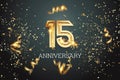 Golden numbers, 15 years anniversary celebration on dark background and confetti. celebration template, flyer. 3D illustration, 3D Royalty Free Stock Photo