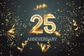 Golden numbers, 25 years anniversary celebration on dark background and confetti. celebration template, flyer. 3D illustration, 3D Royalty Free Stock Photo