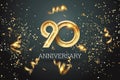 Golden numbers, 90 years anniversary celebration on dark background and confetti. celebration template, flyer. 3D illustration, 3D Royalty Free Stock Photo