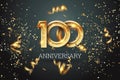 Golden numbers, 100 years anniversary celebration on dark background and confetti. celebration template, flyer. 3D illustration, Royalty Free Stock Photo