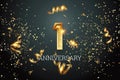 Golden numbers, 1 years anniversary celebration on dark background and confetti. celebration template, flyer. 3D illustration, 3D Royalty Free Stock Photo