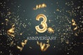 Golden numbers, 3 years anniversary celebration on dark background and confetti. celebration template, flyer. 3D illustration, 3D Royalty Free Stock Photo